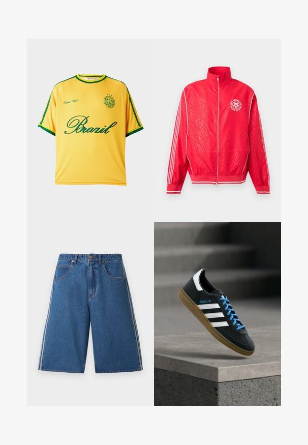 Veste de sport rouge zippée avec un motif texturé subtil, des bandes blanches sur les manches, et un logo circulaire blanc de club de football sur la poitrine.; Maillot de sport jaune à manches courtes avec bordure verte, inscription "Brazil" en vert, et un petit emblème circulaire avec des étoiles et du texte sur la poitrine.; Shorts bleu denim mi-longueur au genou avec poches avant, fermeture à boutons, passants pour ceinture et bandes blanches sur les côtés de chaque jambe.; Baskets Adidas noires avec des rayures blanches, des lacets bleus et une semelle en gomme flottant au-dessus d'une marche en béton grise sous une lumière douce.