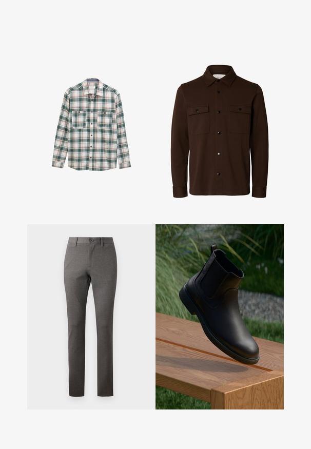 Dunkelbraune Hemdjacke mit langen Ärmeln, Kragen, Knopfleiste vorne und zwei Brustklappentaschen mit Knöpfen.; Langärmliges Button-Up-Hemd mit grün-weiß-rotem Karomuster, zwei vorderen, knöpfbaren Brusttaschen und klassischem Kragen.; Graue Hose aus strukturiertem Stoff, mit geradem Schnitt, frontalen Taschen und einem einzigen Knopfverschluss an der Taille.; Schwarzer Leder-Stiefelette mit elastischen Seitenteilen, rundem Zehenbereich und einer strukturierten Gummisohle, schwebt über einem Holztisch.