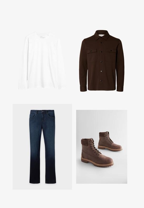 Donkerbruine lange mouwen hemdjas met kraag, knoopsluiting aan de voorkant en twee borstzakken met kleppen en knopen.; Witte longsleeve t-shirt van katoen. Kenmerkt zich door een ronde hals, een slim fit en zijsplitten aan de onderkant. Eenvoudig ontwerp zonder patronen.; Donkerblauwe denim jeans met lichte vervaging, vijf-zakkenstijl, knoop- en ritssluiting, rechte pijp pasvorm.; Bruine leren enkellaarsjes met een gestructureerde afwerking, een gevoerde kraag, metalen oogjes en een robuuste rubberen zool. Stijlvol ontwerp voor duurzaamheid.