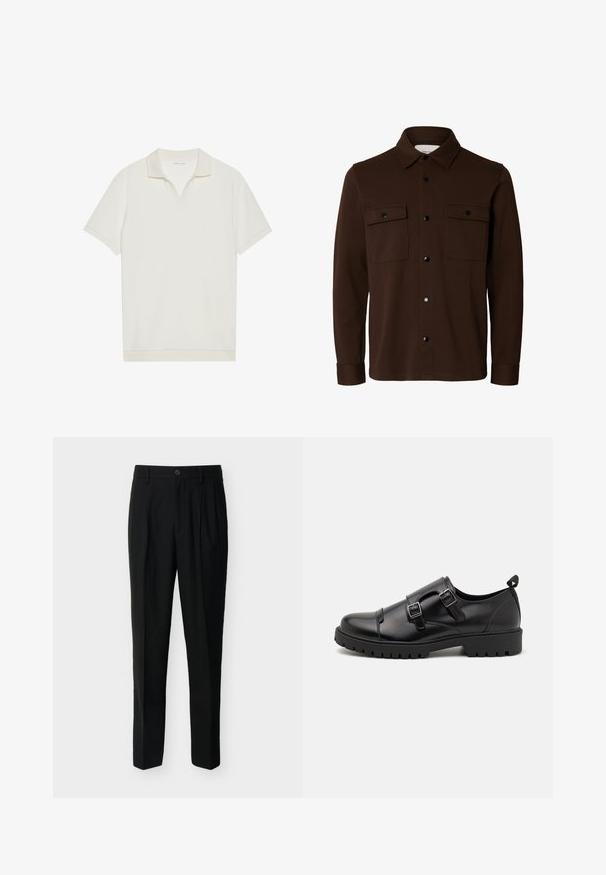 Veste-chemise marron foncé à manches longues avec col, fermeture boutonnée devant et deux poches poitrine à rabat avec boutons.; Polo blanc à manches courtes avec un col en V et un tissu texturé. Design simple avec un col et des accents de manches contrastants.; Pantalon noir taille haute, ajusté, avec passants de ceinture, plis à l'avant, poches latérales et fermeture boutonnée avec zip.; Pier One by Zalando Mocassins de ville - black
