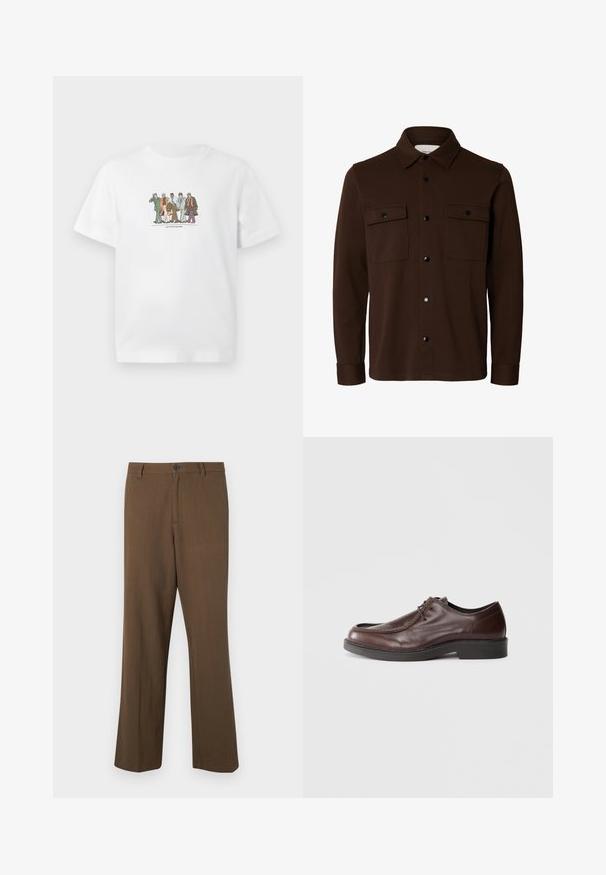 Donkerbruine lange mouwen hemdjas met kraag, knoopsluiting aan de voorkant en twee borstzakken met kleppen en knopen.; Witte T-shirt met illustratie van vijf diverse mannen in pakken die zelfverzekerd naast elkaar lopen, met aktetassen en telefoons in de hand.; Bruine, rechte broek gemaakt van gestructureerde stof, met een knoopsluiting en standaard tailleband, zijzakken en tailleurnaden.; Bruine leren nette schoen met een ronde neus, minimale stiksels en een stevige zwarte zool. Voorzien van vetersluiting en een gladde textuur.