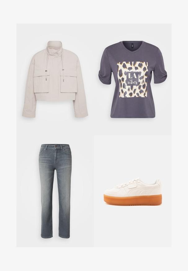 Veste raccourcie en tissu beige clair avec un col haut, deux poches à rabat à l'avant et des cordons de serrage réglables pour un ajustement sécurisé.; T-shirt gris à manches courtes avec un col rond, présentant un motif léopard avec le texte "LA vibes" en blanc et or sur le devant.; Jeans en denim gris avec une coupe droite, un design à cinq poches, fermeture à bouton et à zip, et une finition légèrement délavée.; Basket basse blanche avec fermeture lacets et velcro, dotée d’une semelle épaisse marron clair et de détails de coutures latérales subtiles.