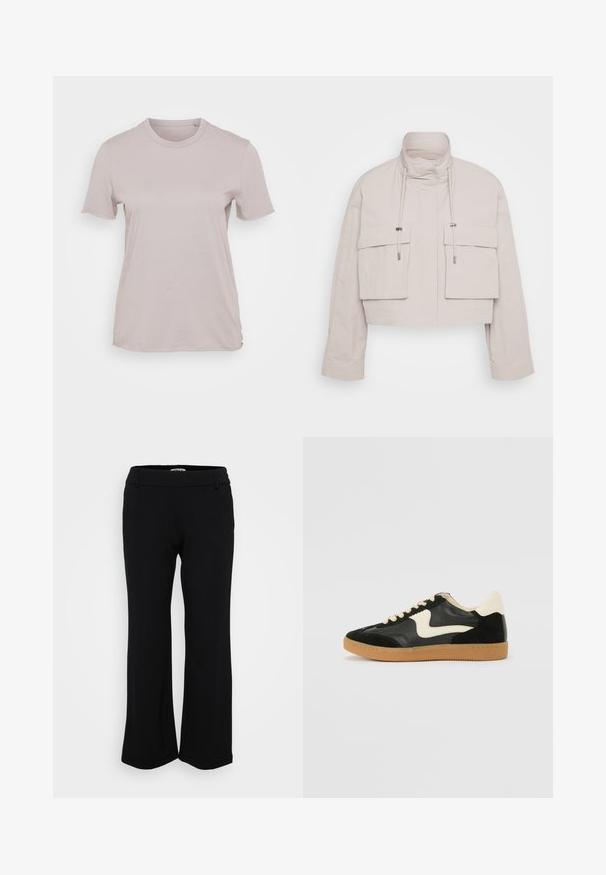 Kurze Jacke aus hellbeigem Stoff mit hohem Kragen, zwei aufgesetzten Fronttaschen und verstellbaren Kordeln für einen sicheren Sitz.; Helle beige Kurzarm-T-Shirt aus Baumwolle, mit Rundhalsausschnitt und lockerer Passform, glatter Textur und ohne sichtbare Muster.; Schwarze, weite Bein-Hosen aus weichem, dehnbarem Stoff. Mit einem glatten Bund mit Gürtelschlaufen und gesäumten Kanten. Einfaches und vielseitiges Design.; Schwarze Wildleder- und Leder-Sneaker mit einem cremefarbenen Seiten-Swoosh und einer hellcremefarbenen Ferse. Ausgestattet mit beige Schnürsenkeln und einer Gummilaufsohle.