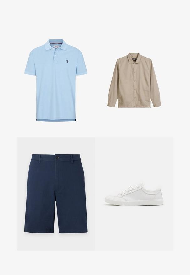 Beige overhemd met lange mouwen en knopen, een kraag, zichtbare stiksels en een Marc O'Polo-label aan de binnenkant van de kraag.; Lichtblauwe polo met korte mouwen van zachte katoen. Beschikt over een drieknops sluiting, kraag en geborduurd logo op de borst.; Marineblauwe, op maat gemaakte herenshorts met riemlussen, knoopsluiting en een strak voorontwerp tegen een effen achtergrond.; Witte sneakers met een glad leren bovenwerk, ronde neus, platte rubberen zool en zes oogjes voor veters. Subtiele stikseldetails, minimalistisch ontwerp.