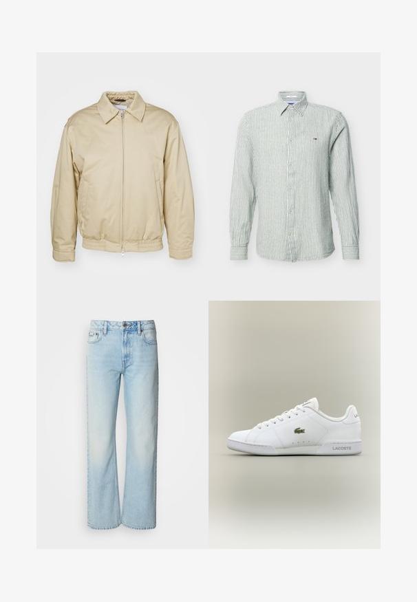 Beige zip-jakke med krave, elastiske cuffs og talje. Har sidelommer og en diskret logo på brystet. Glat stoftekstur.; Herre skjorte med lange ærmer og knapper, smalle lodrette grå og hvide striber samt lille logo på venstre bryst.; Lyseblå brede jeans lavet af denim med et klassisk fem-lomme design og en subtil falmet tekstur. Denim-syninger er synlige.; Hvide sportsko lavet af syntetisk læder, med et grønt broderet krokodillelogo, snørelukning og minimalistisk silhuet.