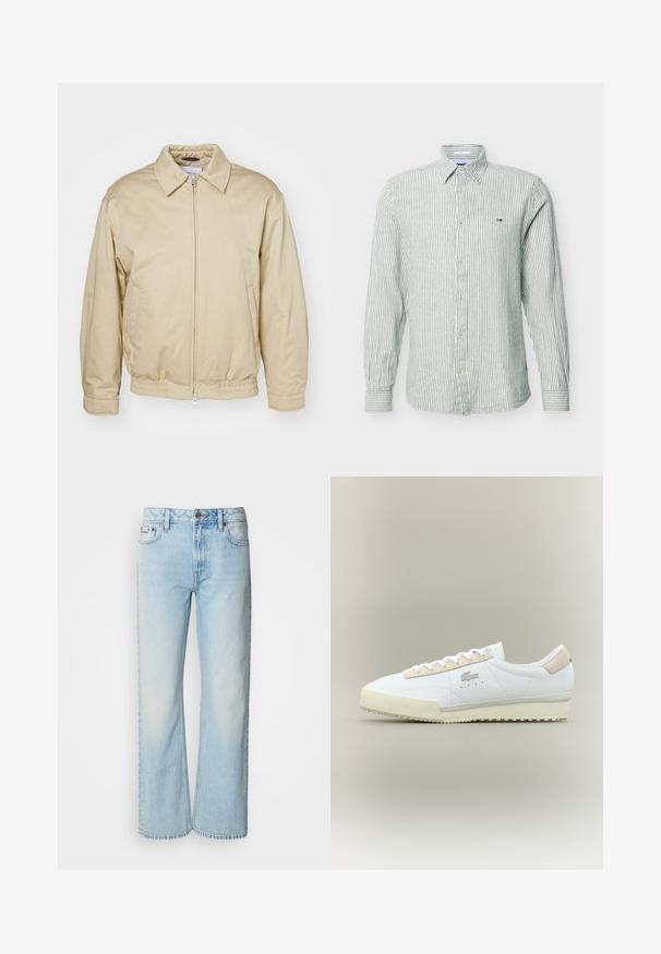 Beige zip-jakke med krave, elastiske cuffs og talje. Har sidelommer og en diskret logo på brystet. Glat stoftekstur.; Herre skjorte med lange ærmer og knapper, smalle lodrette grå og hvide striber samt lille logo på venstre bryst.; Lyseblå brede jeans lavet af denim med et klassisk fem-lomme design og en subtil falmet tekstur. Denim-syninger er synlige.; Hvide lædersneakers med en beige ruskindsdetalje. Har en rund tå, flade snørebånd og en tekstureret sål. Lacoste-logo på siden.