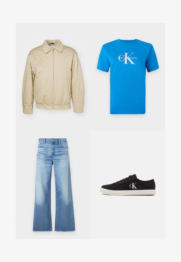 Veste zippée beige avec un col, des poignets et une taille élastiques. Dispose de poches latérales et d'un logo discret sur la poitrine. Texture de tissu lisse.; T-shirt en coton bleu à manches courtes, avec un logo Calvin Klein blanc et un grand motif "CK" rose centré sur le devant.; Calvin Klein Jeans LOW RISE BAGGY - Jean boyfriend - diamond cove; Baskets en toile noires avec une semelle en caoutchouc blanche, bout rond et logo « CK » sur le côté. Design lacé pour un ajustement sécurisé.