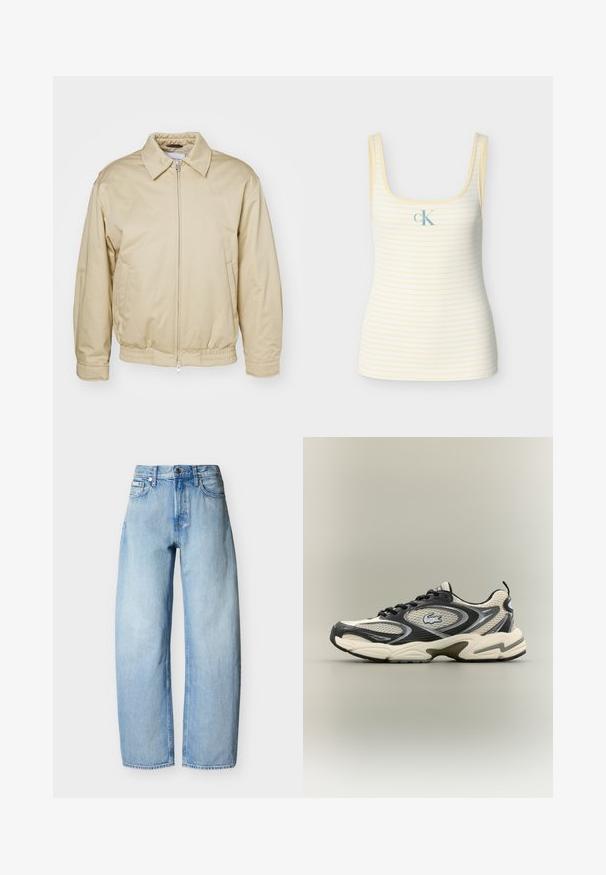 Beige zip-jakke med krave, elastiske cuffs og talje. Har sidelommer og en diskret logo på brystet. Glat stoftekstur.; Stribet gul tanktop med firkantet halsudskæring, ribbet tekstur og en lille blå "cK" logo foran. Fremstillet af blødt materiale.; Lyseblå straight-leg denim jeans med fem lommer, bæltestropper og lukning med knap foran.; Sorte og beige mesh sneakers har en polstret krave, tekstureret overdel og en fremtrædende logo på siden. Slank design med bøjet sål.