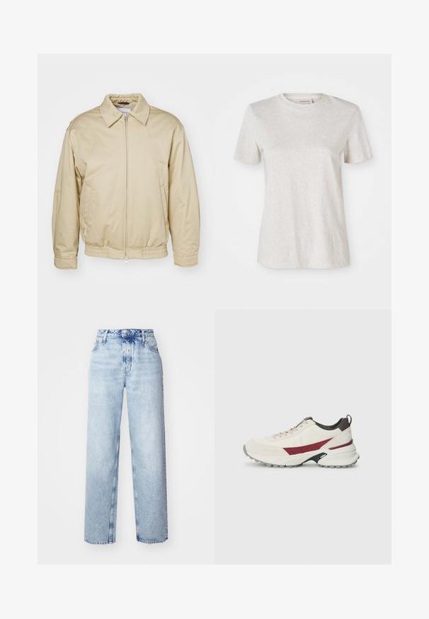 Beige zip-jakke med krave, elastiske cuffs og talje. Har sidelommer og en diskret logo på brystet. Glat stoftekstur.; Lys grå kortærmet T-shirt lavet af en blød bomuldsblanding, med en rund halsudskæring og et lille broderet logo på brystet.; Lyseblå højtaljede jeans med løs pasform, der har lige ben, fem lommer og en klassisk knap- og lynlåslukning.; Sneaker i off-white med burgundy accenter, tekstureret overmateriale, robust gummisål, rund tå og snøresystem.