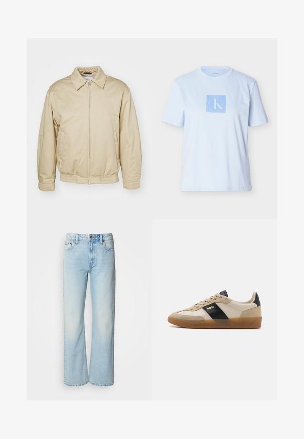 Beige zip-jakke med krave, elastiske cuffs og talje. Har sidelommer og en diskret logo på brystet. Glat stoftekstur.; Lyseblå bomuld T-shirt med et firkantet grafisk logo i en mørkere blå farve. Kortærmet og rund halsudskæring med en afslappet pasform.; Lyseblå brede jeans lavet af denim med et klassisk fem-lomme design og en subtil falmet tekstur. Denim-syninger er synlige.; BOSS BRENTA - Sneakers - medium beige