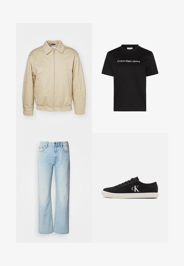 Beige zip-jakke med krave, elastiske cuffs og talje. Har sidelommer og en diskret logo på brystet. Glat stoftekstur.; Sort T-shirt med korte ærmer med hvid "Calvin Klein Jeans" tekst centreret på brystet og rund halsudskæring.; Lyseblå brede jeans lavet af denim med et klassisk fem-lomme design og en subtil falmet tekstur. Denim-syninger er synlige.; Sorte kanvas sneakers med en hvid gummisål, rund tå og "CK"-logo på siden. Snørebåndsdesign for sikker pasform.