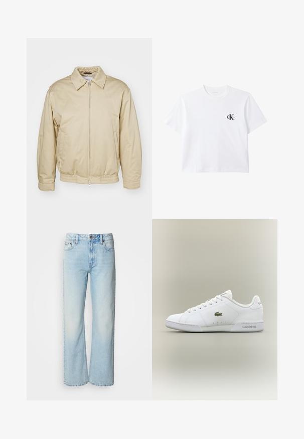 Beige zip-jakke med krave, elastiske cuffs og talje. Har sidelommer og en diskret logo på brystet. Glat stoftekstur.; Hvid T-shirt med korte ærmer og rund halsudskæring med lille sort "ck Calvin Klein" logo på venstre bryst.; Lyseblå brede jeans lavet af denim med et klassisk fem-lomme design og en subtil falmet tekstur. Denim-syninger er synlige.; Hvide sportsko lavet af syntetisk læder, med et grønt broderet krokodillelogo, snørelukning og minimalistisk silhuet.