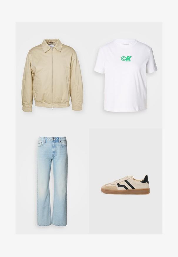 Beige zip-jakke med krave, elastiske cuffs og talje. Har sidelommer og en diskret logo på brystet. Glat stoftekstur.; Hvid bomulds t-shirt med rund hals og korte ærmer, med et grønt Calvin Klein logo på fronten. Klassisk, lige snit.; Lyseblå brede jeans lavet af denim med et klassisk fem-lomme design og en subtil falmet tekstur. Denim-syninger er synlige.; Beige sneaker med sorte striber, ruskindspidser og hæle, struktureret gummisål og flade snørebånd. Minimalistisk design og neutrale farver.