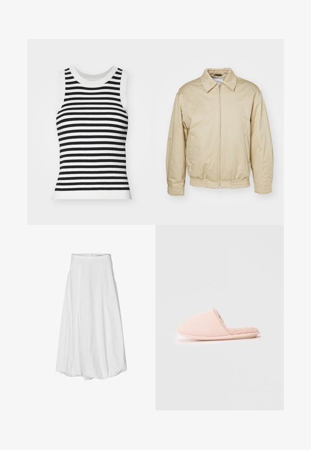 Beige zip-jakke med krave, elastiske cuffs og talje. Har sidelommer og en diskret logo på brystet. Glat stoftekstur.; Ribbede strikærmeløs bluse med sort og hvid vandret stribning, rund halsudskæring og en tætsiddende silhuet.; Hvid knælang nederdel i et glat bomuldsstof, med plisseringer, en tætsiddende talje og lynlås lukning bagpå.; Lyserøde slip-on slippers lavet af blødt stof, med en fluffy foring og en rund tådesign. Guldbrandingsdetalje på siden.