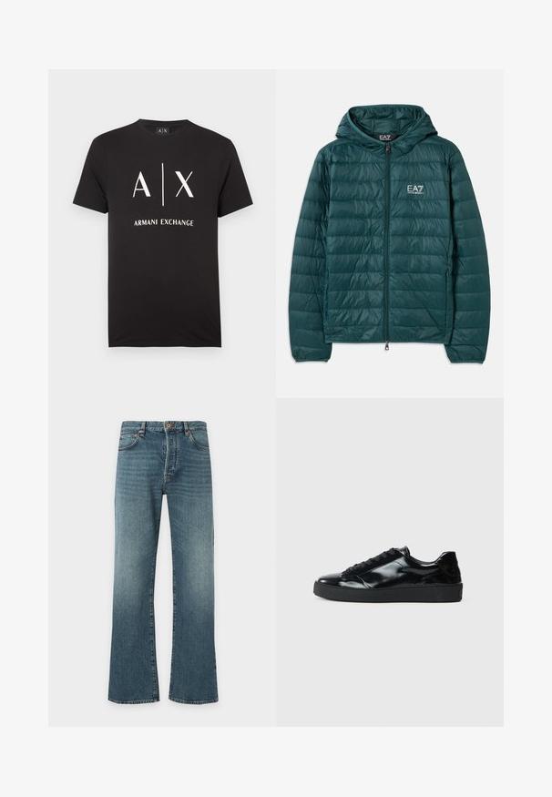 Veste matelassée en vert foncé avec capuche, dotée d'une fermeture éclair et d'un design matelassé horizontal. Logo EA7 sur la poitrine. Texture lisse et brillante.; T-shirt en coton noir avec les initiales "A|X" et "ARMANI EXCHANGE" imprimées en blanc. Col rond avec manches courtes.; Jean en denim bleu avec un léger évasement en bas, design classique à cinq poches, fermeture par bouton et fermeture éclair, et légère décoloration sur les cuisses.; Baskets en cuir verni noir avec un bout arrondi, un laçage, une semelle en caoutchouc texturé et une finition lisse.