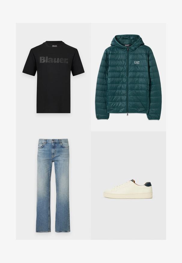 Veste matelassée en vert foncé avec capuche, dotée d'une fermeture éclair et d'un design matelassé horizontal. Logo EA7 sur la poitrine. Texture lisse et brillante.; T-shirt noir à manches courtes avec l'inscription "Blauer." en grandes lettres gris foncé sur la poitrine et un col rond.; Jean en denim bleu clair avec une coupe droite, présentant une finition délavée, un design classique à cinq poches et des coutures contrastées.; Sneakers en cuir blanc avec une surface texturée, une pointe arrondie et un accent de talon bleu marine. Présente des coutures sur les côtés et une semelle texturée.