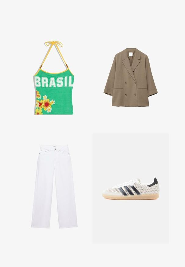 Veste blazer oversize à double boutonnage de couleur brun clair, avec larges revers, deux poches avant et manches trois-quarts.; Haut dos nu vert avec bordure jaune, texte "BRASIL" et fleurs tropicales jaunes et blanches en bas à gauche.; Jean blanc taille haute à jambes larges avec fermeture à boutons et zip, poches avant et arrière, et détails en rivets argentés.; Baskets en maille blanche avec un design à trois bandes noires, bout arrondi et semelle en caoutchouc gomme. Dotées d'un col de talon souple et d'une fermeture à lacets.