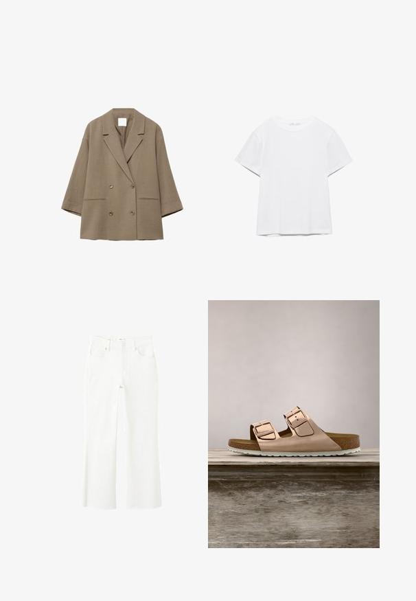Veste blazer oversize à double boutonnage de couleur brun clair, avec larges revers, deux poches avant et manches trois-quarts.; T-shirt blanc uni à manches courtes et col rond, avec un ourlet droit, présenté sur un fond blanc.; Jean blanc taille haute avec jambes droites, design à cinq poches, fermeture par bouton et détail d'ourlet brut aux chevilles.; Sandales à glissière en or rose avec deux boucles en métal ajustables, semelle en liège et semelle en caoutchouc blanche. Fini métallique lisse, design ouvert.