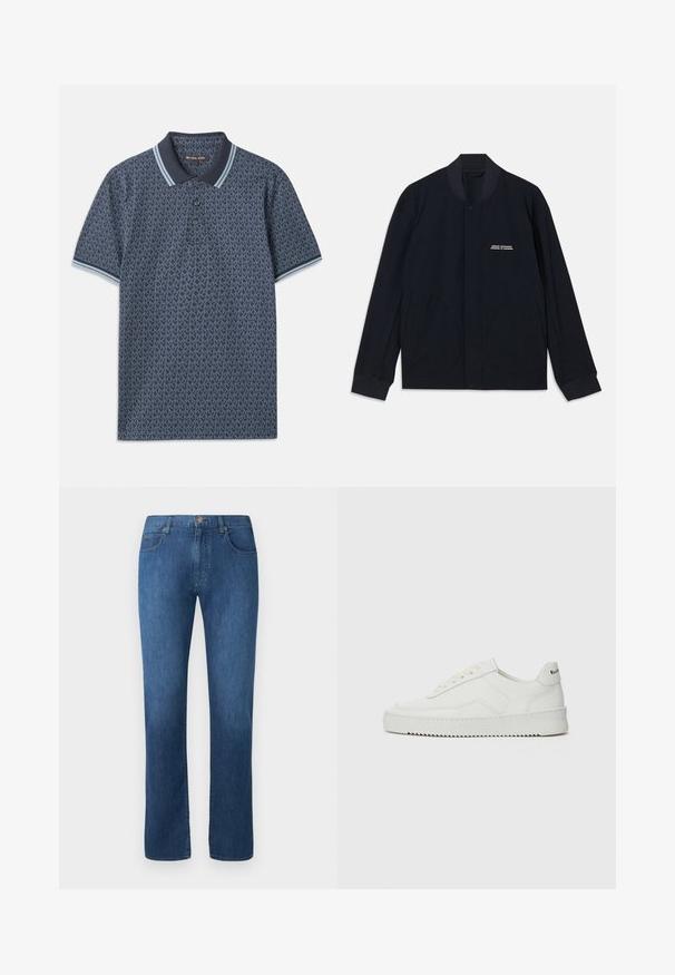 Chaqueta azul marino hecha de tela de algodón, con cuello redondo, cierre de botones a presión y dos grandes bolsillos redondeados. Incluye un mínimo de marca.; Camisa polo de color azul marino con un patrón geométrico. Presenta un cuello acanalado con acentos en azul claro y una tapeta de tres botones. Fabricada en una tela suave.; Vaqueros de mezclilla de color azul oscuro con un diseño de pierna recta, cinco bolsillos y cierre de botón en la parte frontal. Textura suave y detalles de costura clásicos.; Zapatilla de cuero blanca con un acabado suave, puntera redonda, cordones planos y suela texturizada. Cuenta con un sutil logo en el talón.