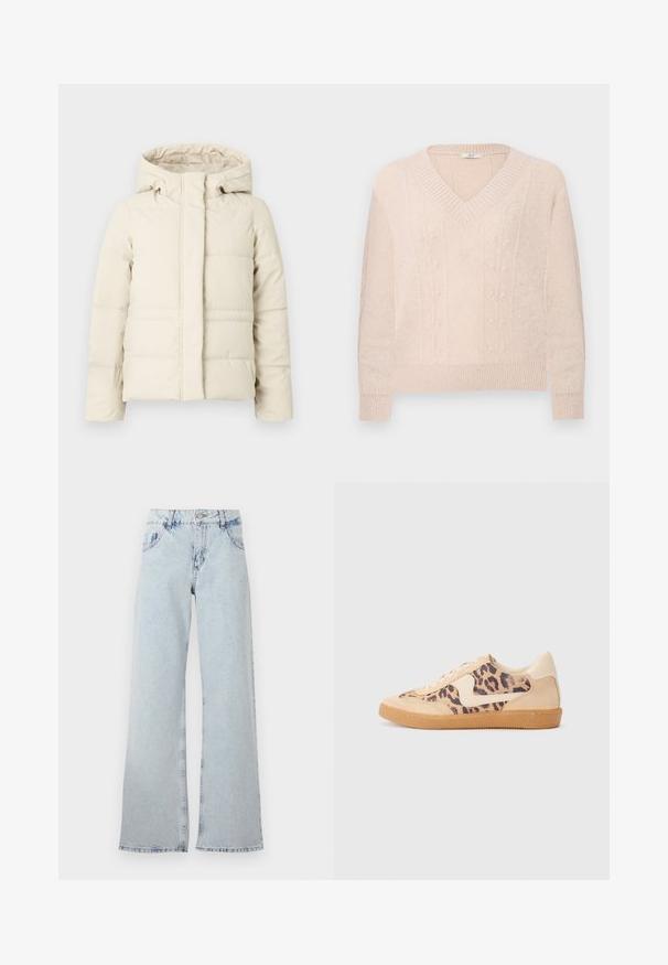 Milchweiß gepolsterte Jacke mit Kapuze, die über einen Frontreißverschluss verfügt und mit horizontalen Nähten für eine gesteppte Textur versehen ist.; Helles beige Strickpullover mit V-Ausschnitt, gerippten Bündchen und Saum, der dezente vertikale florale Kabelstrickmuster auf der Vorderseite aufweist.; Hellblaue weite Jeans aus Denim, mit hoher Taille, Gürtelschlaufen, fünf Taschen und ausgebleichten Bereichen für einen Vintage-Look.; Löwenmuster-Sneaker mit beige Wildleder-Obermaterial, tanfarbener Gummisohle und weißen Akzenten. Runde Zehenform und Schnürdesign mit strukturiertem Finish.