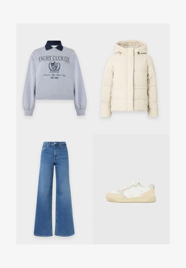 Veste rembourrée de couleur crème avec une capuche, dotée d'une fermeture éclair sur le devant et de coutures horizontalement pour une texture matelassée.; Sweat-shirt gris clair à manches longues avec col bleu marine, texte "Yacht Club Co.", blason de Monaco et imprimé "Provence Alpes Côte d'Azur EST 1982".; Jean en denim bleu taille haute avec jambes larges, fermeture avant à boutons et fermeture éclair, ainsi que poches avant et arrière.; Baskets blanches et beiges avec dessus en suède et textile, présentant des coutures contrastées, une semelle en caoutchouc et un accent bleu clair sur le talon.