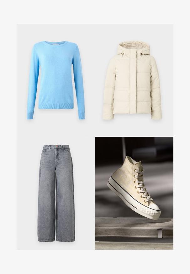 Veste rembourrée de couleur crème avec une capuche, dotée d'une fermeture éclair sur le devant et de coutures horizontalement pour une texture matelassée.; Pull tricoté bleu clair avec un col rond, des manches longues et des poignets côtelés. Texture douce, style ajusté et confection sans coutures.; Jean en denim à jambes larges dans un délavé gris, avec cinq poches, une fermeture à bouton et une texture douce avec des détails de whiskering subtils.; Baskets montantes avec un dessus texturé jaune clair, une protection en caoutchouc blanc à l'avant, et des rayures noires contrastantes sur la semelle blanche. Design à lacets.