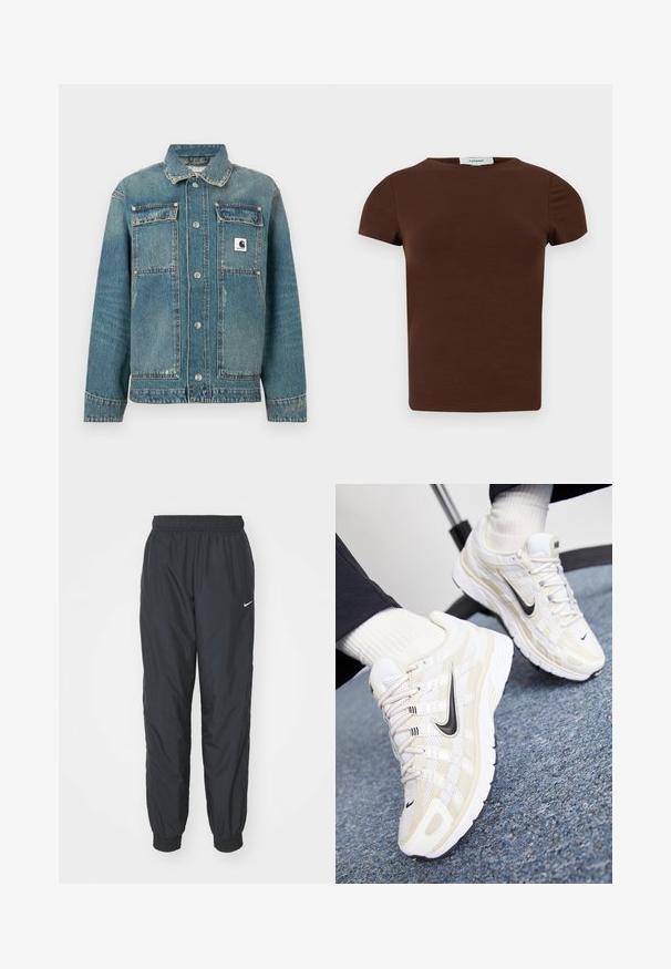 Chaqueta de mezclilla azul con diseño clásico, que incluye un cuello, botones a presión, dos bolsillos delanteros y una parches con la marca en el pecho izquierdo.; Camiseta marrón de manga corta con cuello redondo, de diseño sencillo y etiqueta Topshop en el cuello.; Pantalones de chándal negros de Nike hechos de un tejido ligero, con una cinturilla y puños elásticos, y un pequeño logo blanco en la pierna izquierda.; Zapatillas Nike en blanco y beige con parte superior de malla, superposición texturizada, logo Swoosh negro y suela acolchada con suela de agarre.