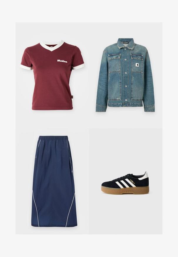 Sininen denimtakki klassisella designilla, jossa on kaulus, painonapit, kaksi etutaskua ja merkitty merkki vasemmassa rinnassa.; Burgundy V-neck t-paita, jossa on valkoinen ribbireuna kauluksessa ja hihoissa. Vasemmassa rinnassa on valkoinen "Dickies"-logo. 100% puuvillaa, muotoiltu malli.; Laivastonsininen pitkä hame, jossa on joustava vyötärönauha ja valkoiset koristeompeleet sivuilla ja alareunoissa.; Musta mokkanahkainen lenkkari, jossa valkoiset kolme raitaa ja kultainen logo. Kumipohja, jossa kuvioitu pito. Klassinen matala malli, pyöreä kärki.