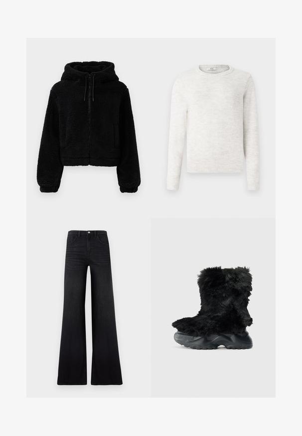 Sort cropped hoodie lavet af fluffy, struktureret stof. Har lynlåslukning, to forlommer og justerbare snore ved hætten.; Blød hvid crewneck sweater med lange ærmer samt ribbede cuffs, kant og udskæring udstillet på en ensfarvet baggrund.; Sorte jeans med brede ben lavet af denim, med høj talje, forlommer og en glat, tekstureret finish med minimal falming.; Sort, fuzzy ankelstøvle med en struktureret overdel, der har en tykk sort gummisål og et mønster for greb og stabilitet.