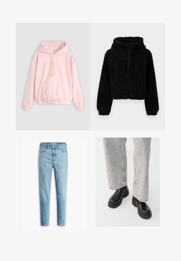 Schwarze, kurze Kapuzenjacke aus flauschigem, strukturiertem Stoff. Verfügt über einen Reißverschluss, zwei vordere Taschen und verstellbare Kordeln an der Kapuze.; Helle rosa Kapuzenpullover mit großer Fronttasche, Kordelzug und gerippten Bündchen. Hergestellt aus weichem, bequemem Material mit minimalem Branding.; Helle blaue, hoch geschnittene Jeans mit Fronttaschen, Gürtelschlaufen, Knopfverschluss und schmal zulaufenden Beinen vor einem weißen Hintergrund.; Vagabond COSMO - Plateaustiefelette - black