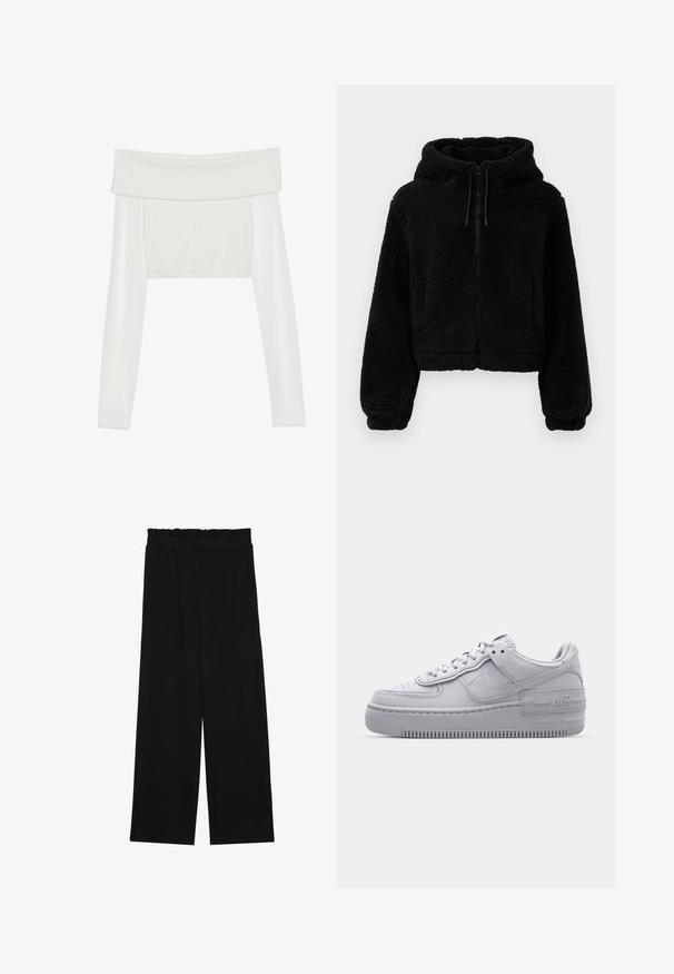 Sort cropped hoodie lavet af fluffy, struktureret stof. Har lynlåslukning, to forlommer og justerbare snore ved hætten.; Hvid af-shoulder cropped top med lange ærmer, ribbet tekstur på kroppen, glatte ærmer og elastisk bånd ved kanten.; Sorte brede bukser med en rynket talje, der har to sidelommer og et glat, let stof. Ingen synlige mønstre eller hardware.; Grå Nike Air Force 1 sneakers med perforeret tå, glat læderoverdel, tyk sål og præget 'AIR' detalje på hælen.