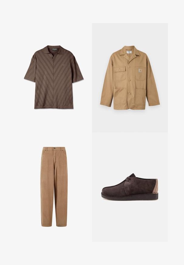 Lysebrun bomulds arbejdssjakke med fire lommer foran, knaplukning og en lille logo-patch på den øverste højre lomme.; Brun kortærmet polo-shirt med v-hals, der har et struktureret zigzag mønster og en diskret logo detalje på brystet.; Kamelsnore bukser i lys brun med lige ben-design, med knaplukning og sidelommer, struktureret ribbet overflade.; Mørkebrun ruskind afslappet snørestøvle med flad sål og beige læderdetalje på hælen, vist fra siden.