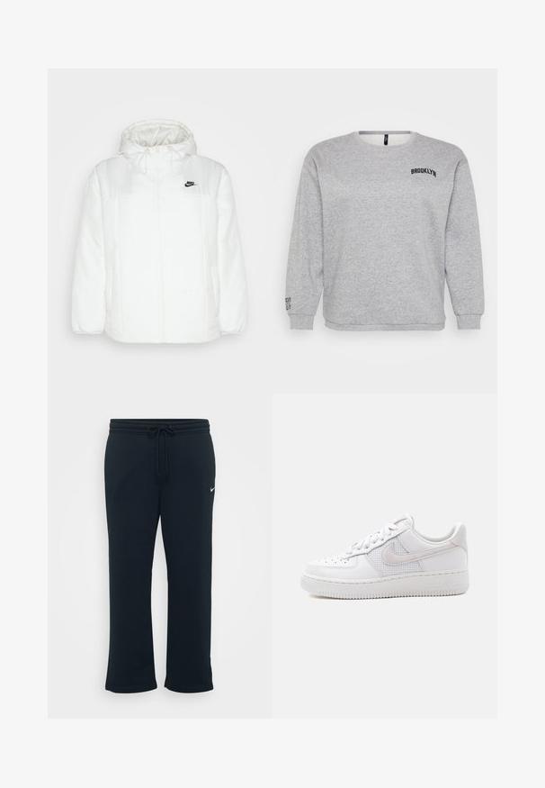 Hvid pufferjakke med hætte, lynlås, elastiske manchetter og sidelommer. Sort Nike-logo på brystet. Glat, polstret tekstur.; Grå sweatshirt med lange ærmer, rund hals og "BROOKLYN" broderet på brystet. Ribbet manchetter og kant giver struktur.; Sorte sweatpants med elastisk talje og justerbar snor. Har et lille hvidt Nike-logo på venstre side. Blød stofstruktur.; Hvid Nike Air Force 1 sneaker med lavt snit, hvide snørebånd, perforeringer på tåboksen og netpanel bag Nike swoosh-logoet.