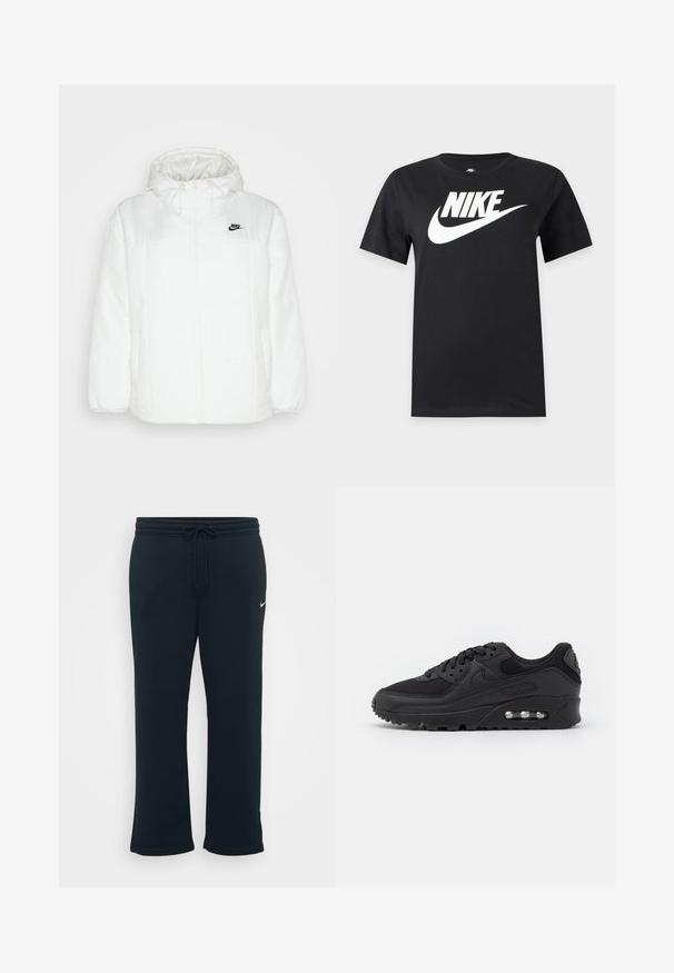 Valge õhuke talvejakk kapuutsiga, lukuga, elastsete varrukatega ja küljetaskutega. Rinna kohal must Nike'i logo. Sile, vatitud tekstuur.; Must lühikeste varrukatega t-särk suure valge Nike'i logoga ja rinnal olevaga ühevärvilisel taustal.; Mustad mustad koos elastse vöökohtaga ja reguleeritava paelaga. Vasakul küljel on väike valge Nike logo. Pehme kangast tekstuur.; Musthave mustusneakerid sileda nahk ja võrk, ümar nina, tekstuuriga aktsendid ja nähtav õhusüsteem tallas.