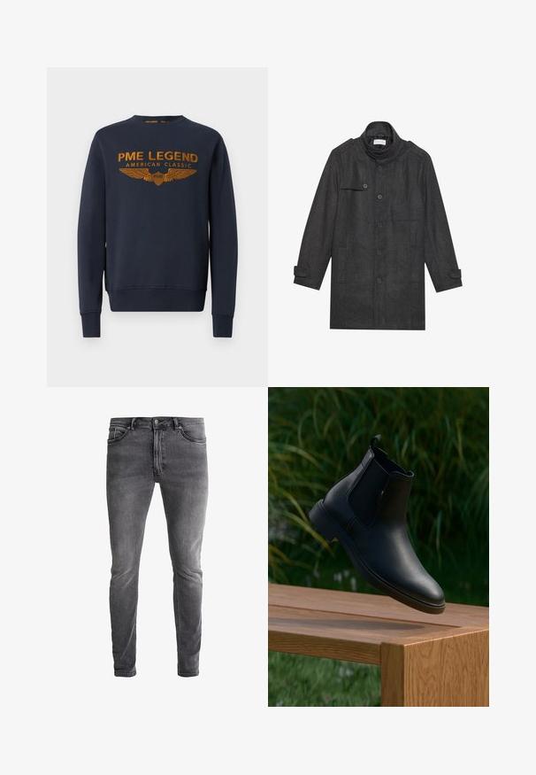 Dunkelgrauer Wollmantel mit hohem Kragen, vorderer Knopfleiste, Schulterklappen und zwei Fronttaschen. Glatte Textur und taillierte Form.; Marineblaue Sweatshirt aus Baumwolle, mit goldenem bedrucktem Logo mit Flügeln. Rundhalsausschnitt, lange Ärmel, gerippte Bündchen und Saum.; Slim-Fit graue Jeans aus Denim mit leichtem Stretch. Mit fünf Taschen, einem Reißverschluss und einem kontrastierenden Metallknopf. Ausgewaschene Textur.; Schwarze Lederknöchelstiefel, die über einer Holzbank mit grünem Gras und Pflanzen im verschwommenen Hintergrund schweben.