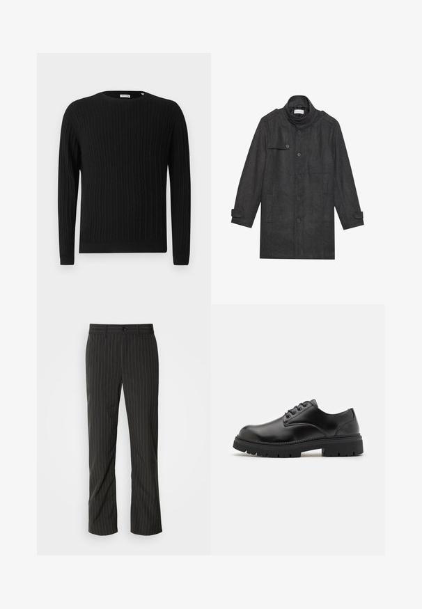 Mørkegrå uldfrakke med høj krave, front knaplukning, skuldrepuchetter og to frontlommer. Glat tekstur og skræddersyet form.; Sort kabelstrikket sweater med lange ærmer og rund halsudskæring. Har et struktureret mønster samt ribbede mansjetter og nederkant.; Sorte skræddersyede bukser med lige snit. Har en glat tekstur, frontlukning med knap og bæltestropper.; Sorte lædersko med rund tå, snørelukning og en tykk, struktureret gummisål. Har syninger langs kanten og en glat overflade.