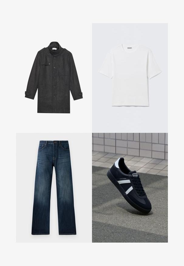 Mørkegrå uldfrakke med høj krave, front knaplukning, skuldrepuchetter og to frontlommer. Glat tekstur og skræddersyet form.; Hvid, kortærmet t-shirt med rund hals og et lille "WEEKDAY"-mærke på indersiden af bagkraven, vist på en flad overflade.; Mørkeblå denimjeans med lige ben, der har en let tekstur, bæltestropper og en klassisk fem-lomme stil.; Sort lædersneaker med hvide striber, tekstureret gummisål og snørrebånd foran. Har et brandet mærke på tungen.