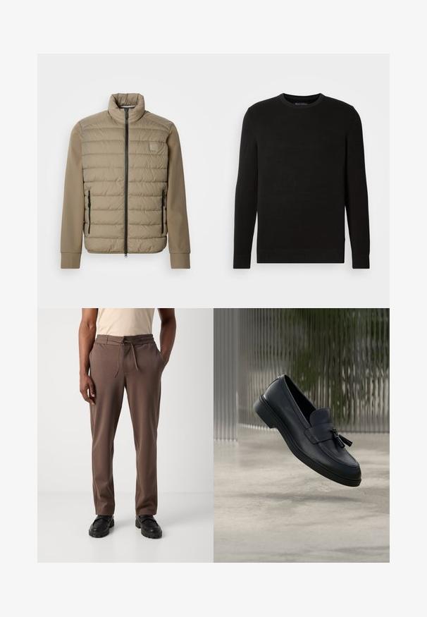 Beige dunjakke med høj krave og lynlåslukning. Har quiltet tekstur på forsiden, glatte ærmer og lynlåslommer i siderne.; Sort strikfanget crew-neck sweater med lange ærmer, tekstureret stof, ribbede manchetter og kant, med et lille logo på brystet.; Mand iført brune snørebukser og sorte sko, stående mod en ensfarvet hvid baggrund.; Sorte læderloafers med en glat tekstur, en rundet tå og dekorative kvaster foran. Fleksibel gummisål med lav hæl.