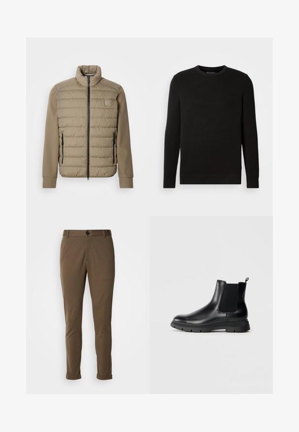 Beige dunjakke med høj krave og lynlåslukning. Har quiltet tekstur på forsiden, glatte ærmer og lynlåslommer i siderne.; Sort strikfanget crew-neck sweater med lange ærmer, tekstureret stof, ribbede manchetter og kant, med et lille logo på brystet.; Brune skræddersyede bukser med en glat tekstur, der har en knaplukning og rullede manchetter. Designet med en slim fit og funktionelle lommer.; Sorte læder Chelsea-boots med elastiske paneler, rund tå og tekstureret gummisål. Har en løkkering bagpå for nem påklædning.