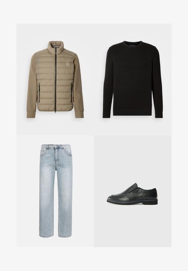 Veste matelassée beige avec un col montant et une fermeture éclair. Présente une texture matelassée à l'avant, des manches lisses et des poches latérales zippées.; Pull noir en mailles avec col rond, manches longues, tissu texturé, bords-côtes au niveau des poignets et de l'ourlet, avec un petit logo sur la poitrine.; Jean bleu clair à jambes droites avec poches avant, fermeture par bouton et légère décoloration sur les cuisses et les genoux.; Chaussure slip-on en cuir noir avec une tige lisse, des accents cousus, un bout arrondi et un petit talon en caoutchouc. La semelle présente un profil de traction minimal.