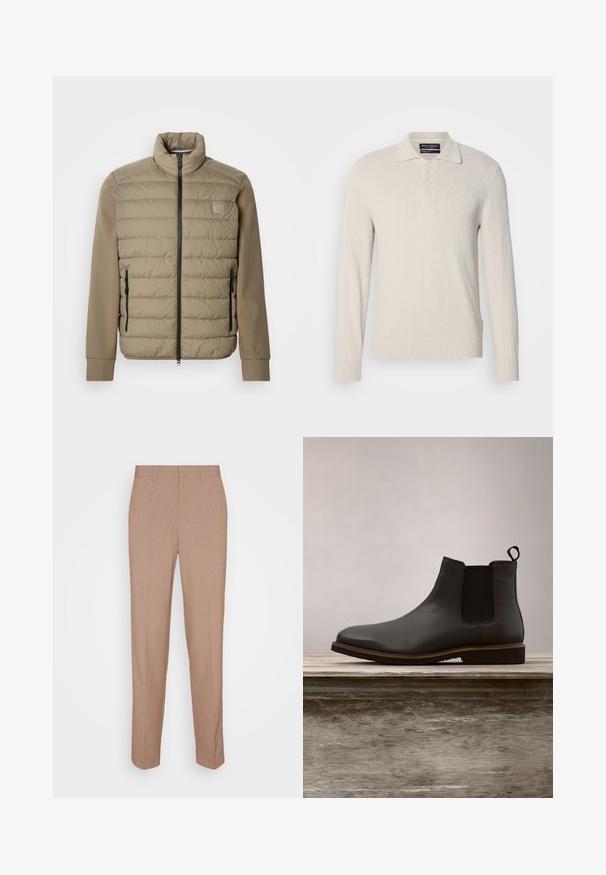 Beige Steppjacke mit hohem Kragen und Reißverschluss. Vorderseite mit gesteppter Textur, glatte Ärmel und seitliche Reißverschlusstaschen.; Hellbeige Langarm-Polo-Pullover aus weichem Strick mit strukturiertem Finish, ausgestattet mit einem klassischen Kragen und einer Drei-Knopf-Leiste.; Beige, maßgeschneiderte Hose aus glattem, strukturiertem Stoff. Gerade Passform mit Bund, ohne sichtbare Verzierungen oder Taschen.; Schwarze Leder Chelsea-Stiefel mit elastischen Seiteneinsätzen und runder Zehenform, ausgestattet mit einer strukturierten Sohle und subtilen Steppnähten, erhöht über einer Holzoberfläche.