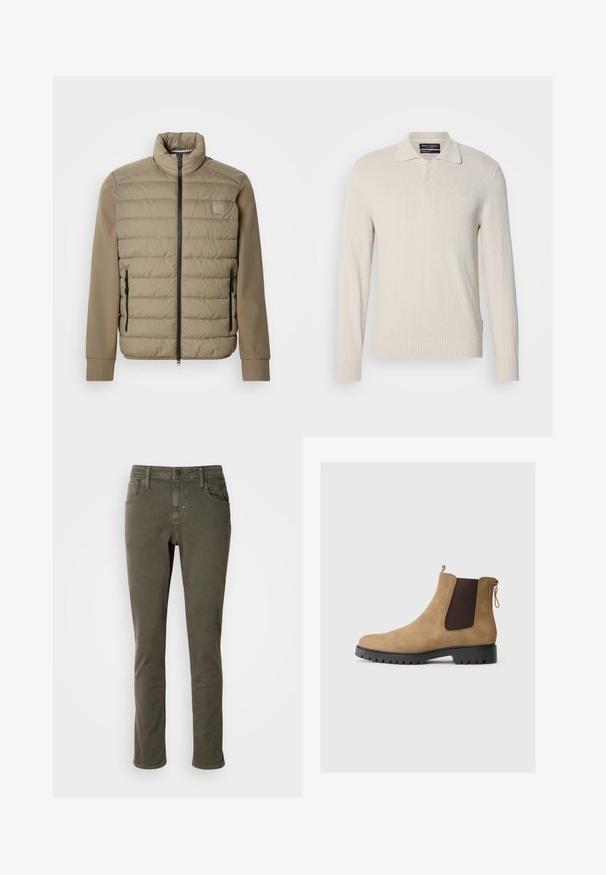 Beige gewatteerd jack met een hoge kraag en ritssluiting. Heeft een doorgestikte structuur aan de voorkant, gladde mouwen en ritssluitingen aan de zijkanten.; Lichtbeige lange mouw polo trui in een zachte brei met een gestructureerd oppervlak, voorzien van een klassieke kraag en een drieknoopsluiting.; Antony Morato KURT COMFORT - Jeans Tapered Fit - dark olive; Tan suède enkellaars met een ronde neus, elastische zijpanelen, een achterste trekhaak en een gemêleerde rubberen zool voor grip.