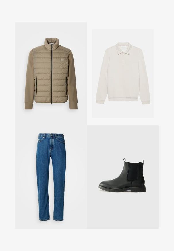 Veste matelassée beige avec un col montant et une fermeture éclair. Présente une texture matelassée à l'avant, des manches lisses et des poches latérales zippées.; Polo à manches longues crème en tissu doux. Présente un col classique, une patte de boutonnage à trois boutons et des poignets côtelés.; Jean en denim droit bleu avec cinq poches et fermeture à bouton à l'avant sur fond blanc.; Bottines Chelsea en cuir noir avec des panneaux élastiques sur les côtés, des languettes de tirage, un bout arrondi et une semelle en caoutchouc texturée. Surface lisse et design robuste.