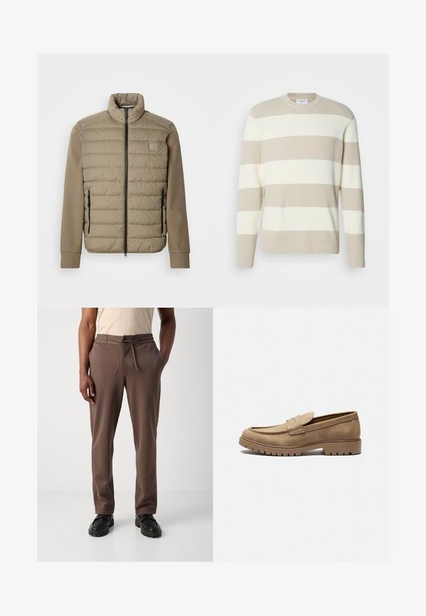 Veste matelassée beige avec un col montant et une fermeture éclair. Présente une texture matelassée à l'avant, des manches lisses et des poches latérales zippées.; Pull en tricot beige à rayures avec une texture côtelée, présentant de larges rayures crème, un col rond et des manches longues.; Homme portant un pantalon marron à cordon et des chaussures noires, debout devant un fond blanc uni.; Mocassins en daim beige avec un bout arrondi, semelle en caoutchouc plate et coutures décoratives sur la tige. Dispose d'un design à enfiler sans lacets.
