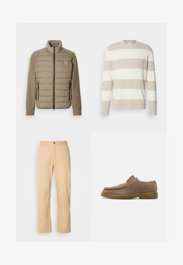 Beige Steppjacke mit hohem Kragen und Reißverschluss. Vorderseite mit gesteppter Textur, glatte Ärmel und seitliche Reißverschlusstaschen.; Beige gestreifter Pullover mit geripptem Muster, breiten cremefarbenen Streifen, Rundhalsausschnitt und langen Ärmeln.; Khaki Baumwollhosen mit geradem Beinschnitt, ausgestattet mit einem vorderen Knopfverschluss und Gürtelschlaufen. Glatte Textur und einfarbige Oberfläche.; Zign LEATHER - Sportlicher Schnürer - taupe