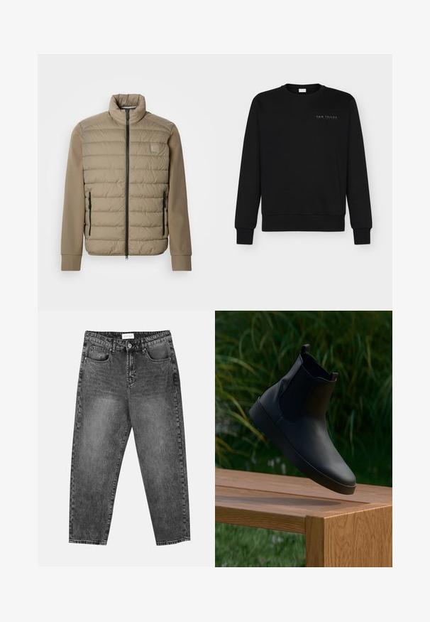 Beige gewatteerd jack met een hoge kraag en ritssluiting. Heeft een doorgestikte structuur aan de voorkant, gladde mouwen en ritssluitingen aan de zijkanten.; Zwarte sweatshirt van katoenmix, met lange mouwen, een ronde hals, elastische manchetten en een klein reliëflogo op de borst.; Zwart gewassen rechte jeans met voor- en achterzakken, riemlussen en een knoopsluiting in de taille.; Zwarte leren enkelboot met elastische zijpanelen, gladde textuur, ronde neus en platte zool, geplaatst boven een houten tafel tegen een groene achtergrond.