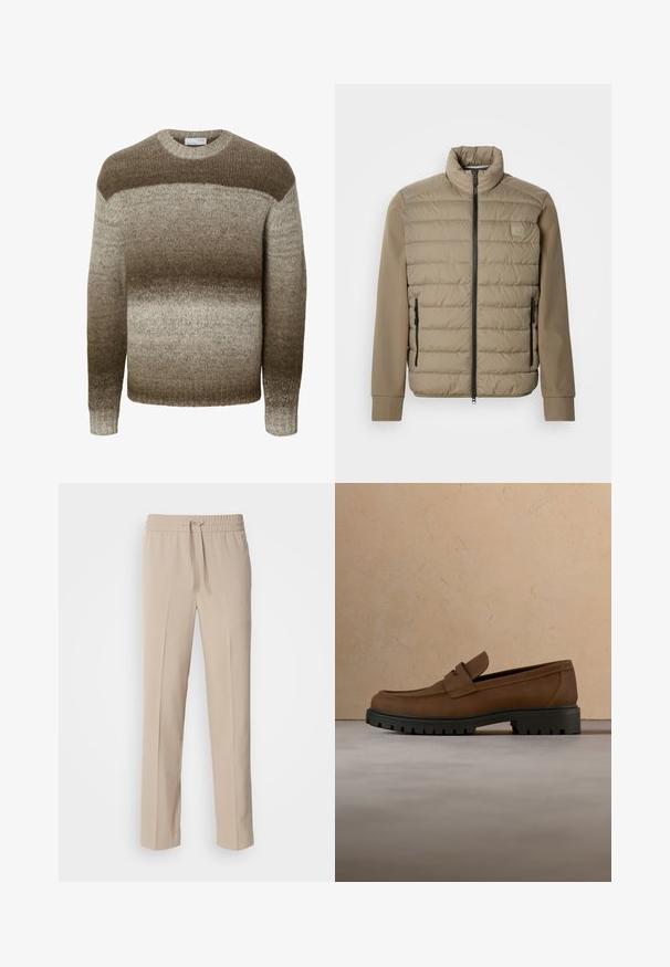 Beige dunjakke med høj krave og lynlåslukning. Har quiltet tekstur på forsiden, glatte ærmer og lynlåslommer i siderne.; Langærmet strikket sweater med rund hals med horisontale gradientstriber i nuancer af brun og beige.; Beige, afslappede bukser lavet af blødt materiale, med elastisk talje og snøre samt lige ben med minimale detaljer.; Mørkebrune læderloafer med tyk sort gummisål vist over en beige tæppe- og sofa baggrund.