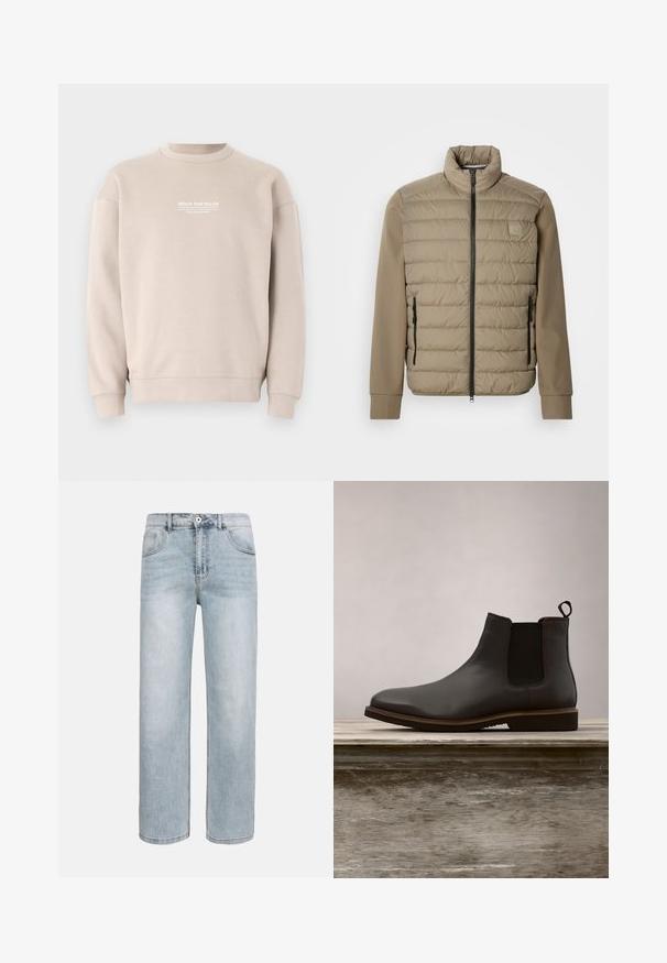 Beige Steppjacke mit hohem Kragen und Reißverschluss. Vorderseite mit gesteppter Textur, glatte Ärmel und seitliche Reißverschlusstaschen.; Beige Sweatshirt aus weichem Stoff mit einem Rundhalsausschnitt. Mit weißem Textlogo auf der Brust sowie gerippten Bündchen und Saum.; Hellblaue Jeans mit geradem Bein, Vordertaschen, Knopfverschluss und dezentem Verblassen an Oberschenkeln und Knien.; Schwarze Leder Chelsea-Stiefel mit elastischen Seiteneinsätzen und runder Zehenform, ausgestattet mit einer strukturierten Sohle und subtilen Steppnähten, erhöht über einer Holzoberfläche.
