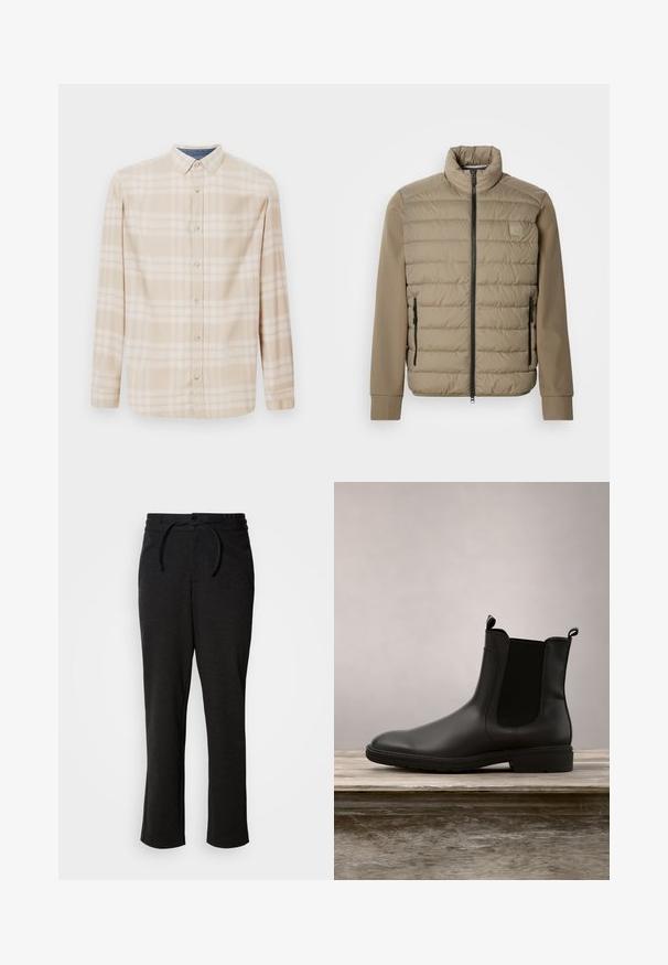 Beige gewatteerd jack met een hoge kraag en ritssluiting. Heeft een doorgestikte structuur aan de voorkant, gladde mouwen en ritssluitingen aan de zijkanten.; Beige geruite langwerpige blouse met een knoopsluiting, knopen aan de voorkant en subtiele blauwe accenten bij de halslijn. Gemaakt van zachte stof.; Zwarte gebreide broek met een trekkoord in de taille, rechte pijpen en zijzakken. Zachte textuur met een gladde afwerking.; Zwarte rubberen Chelsea-boot met een gladde afwerking, elastische zijpanelen en trekbanden, met een lage hak en stevige zool.