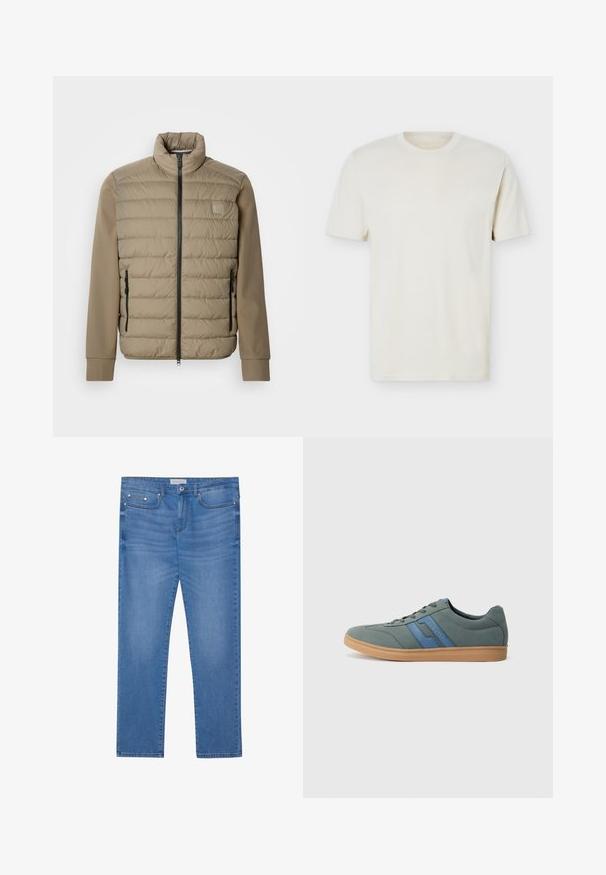 Beige gewatteerd jack met een hoge kraag en ritssluiting. Heeft een doorgestikte structuur aan de voorkant, gladde mouwen en ritssluitingen aan de zijkanten.; Effen gebroken wit T-shirt met korte mouwen en ronde hals, met subtiel logo op de linkerborst, weergegeven op een effen witte achtergrond.; Lichtblauwe spijkerbroek met een rechte pijp, vijf zakken, subtiele vervaging en metalen accenten op de taille en zakken.; Lichtgroene suède sneaker met blauwe accenten, platte veters en een beige rubberen zool. Rond neus en laag profiel ontwerp.